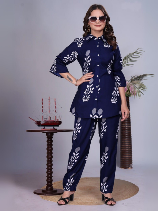 Chic Navy Blue Cotton Printed Co-Ord Set