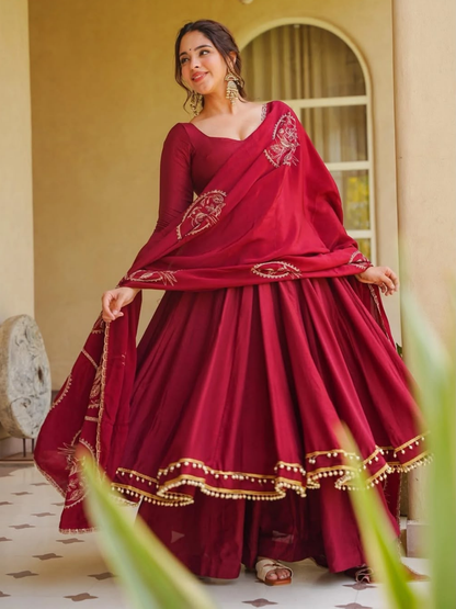 Regal Deep Red Roman Silk Anarkali