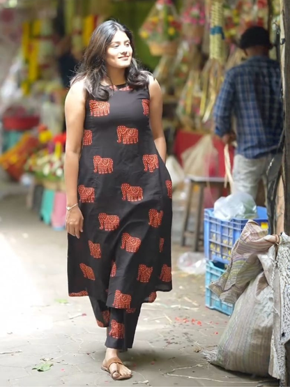 Black A-Line Co-Ord Set with Elephant Print