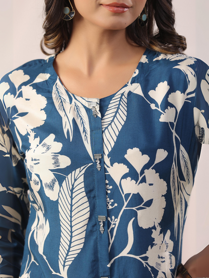 Dark Blue Floral Print Muslin Tunic