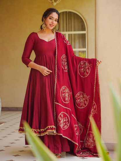 Regal Deep Red Roman Silk Anarkali
