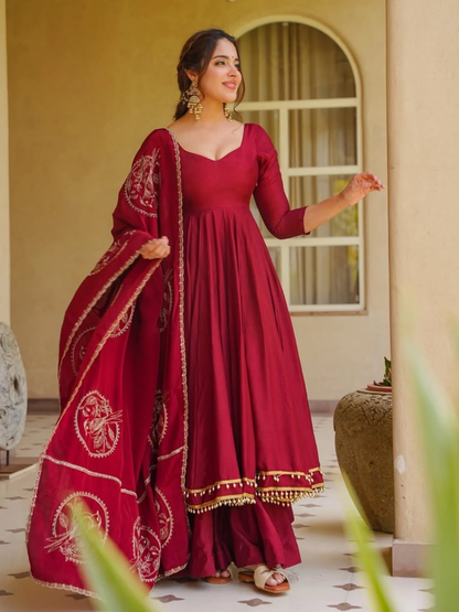 Regal Deep Red Roman Silk Anarkali