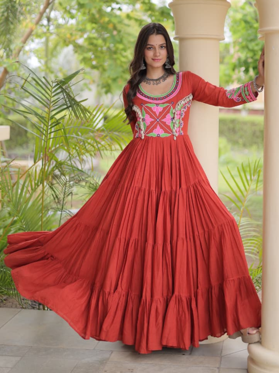 Festive Kora Cotton Layered Navratri Gown