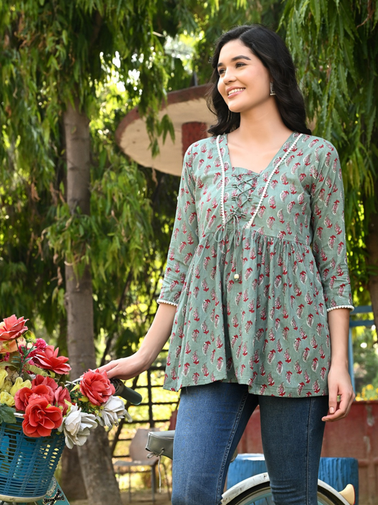 Green Tunic with Red Block Print Motifs