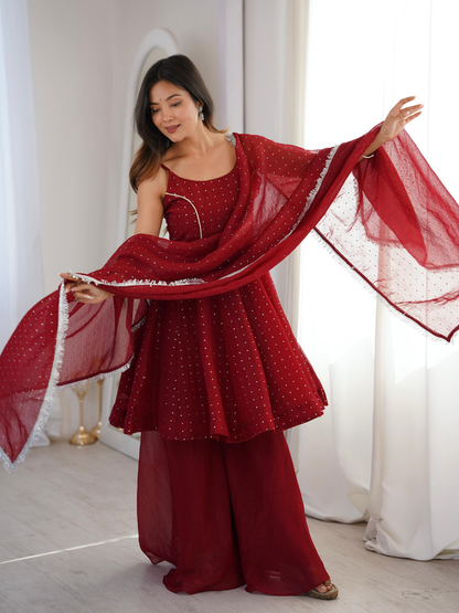 Crimson Elegance Crunchy Silk Sharara Set