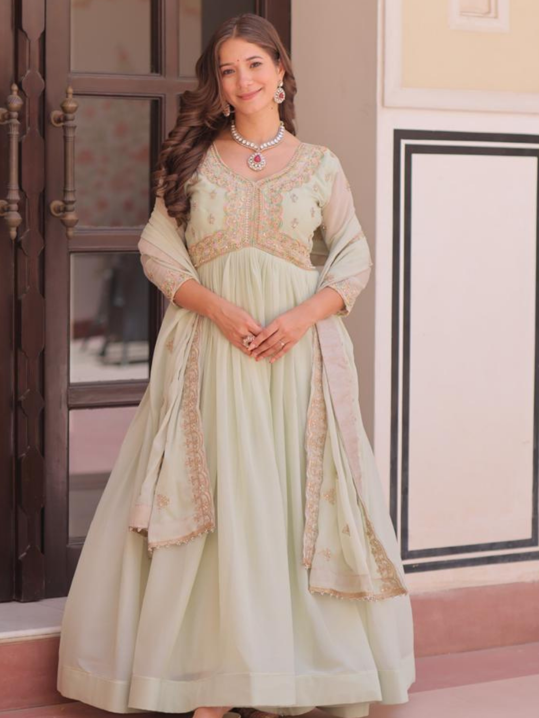 Pastel Luxe Embroidered Gown Set