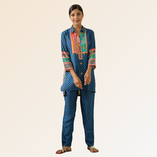 Blue Bandhani Print Muslin Co-Ord Set