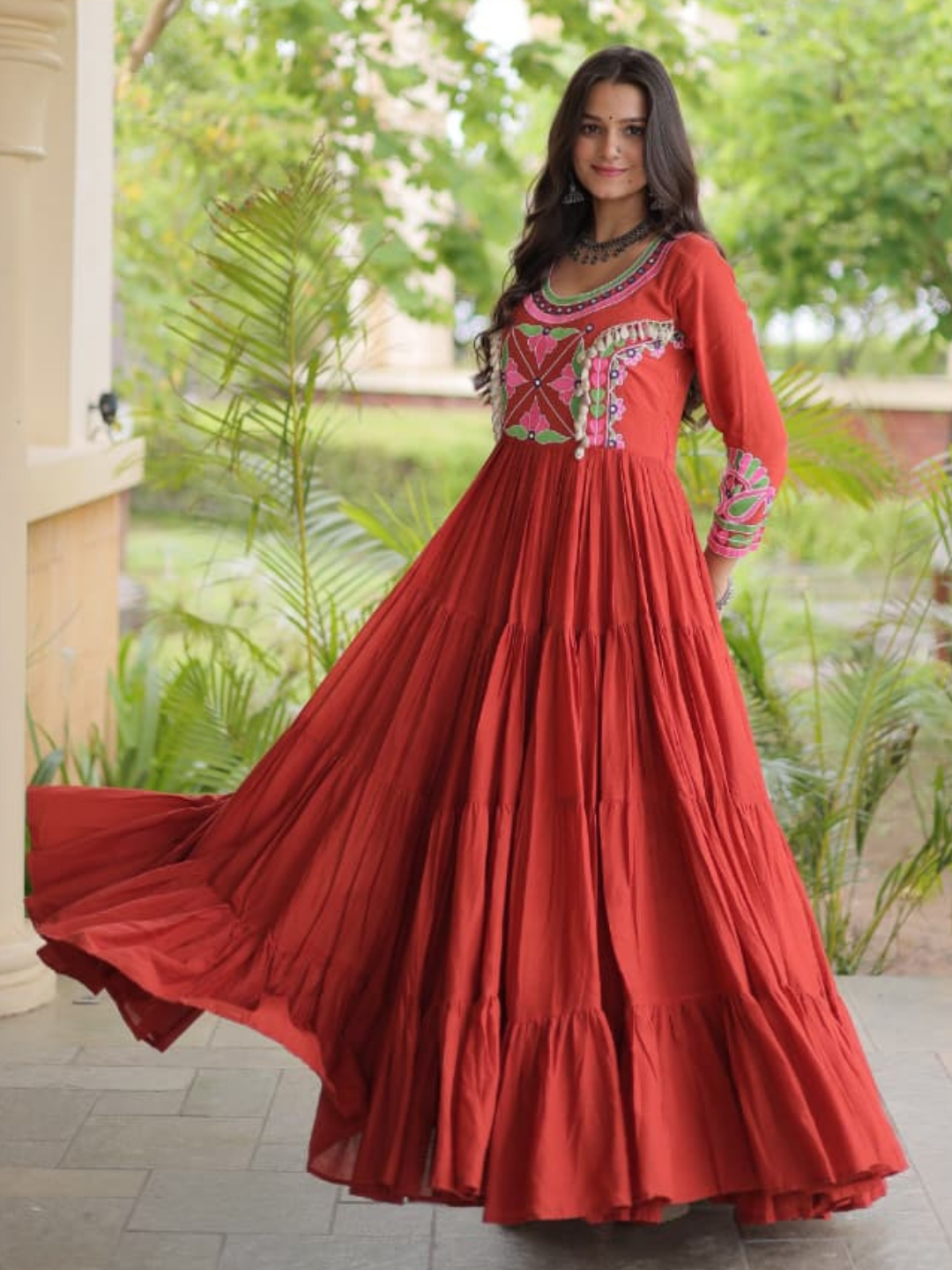 Festive Kora Cotton Layered Navratri Gown