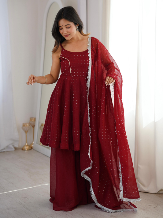 Crimson Elegance Crunchy Silk Sharara Set