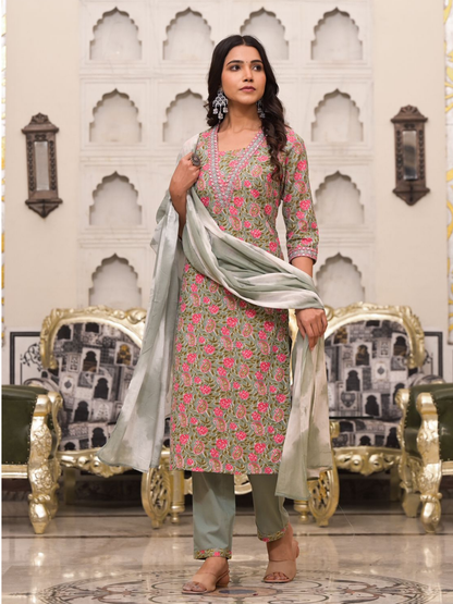 Mint Green Floral And Paisley Print Dupatta Set