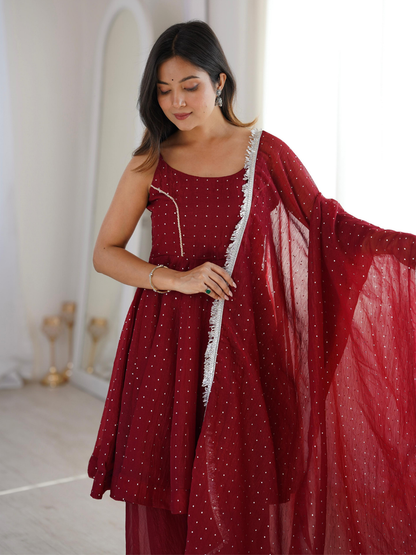 Crimson Elegance Crunchy Silk Sharara Set