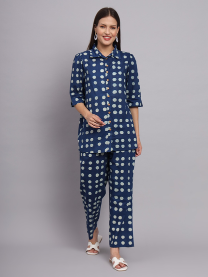 Navy Blue Polka Dot Cotton Co-ord Set