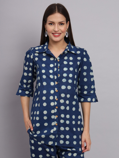 Navy Blue Polka Dot Cotton Co-ord Set