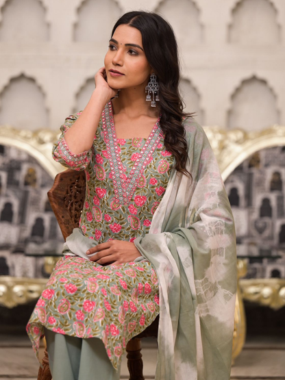 Mint Green Floral And Paisley Print Dupatta Set