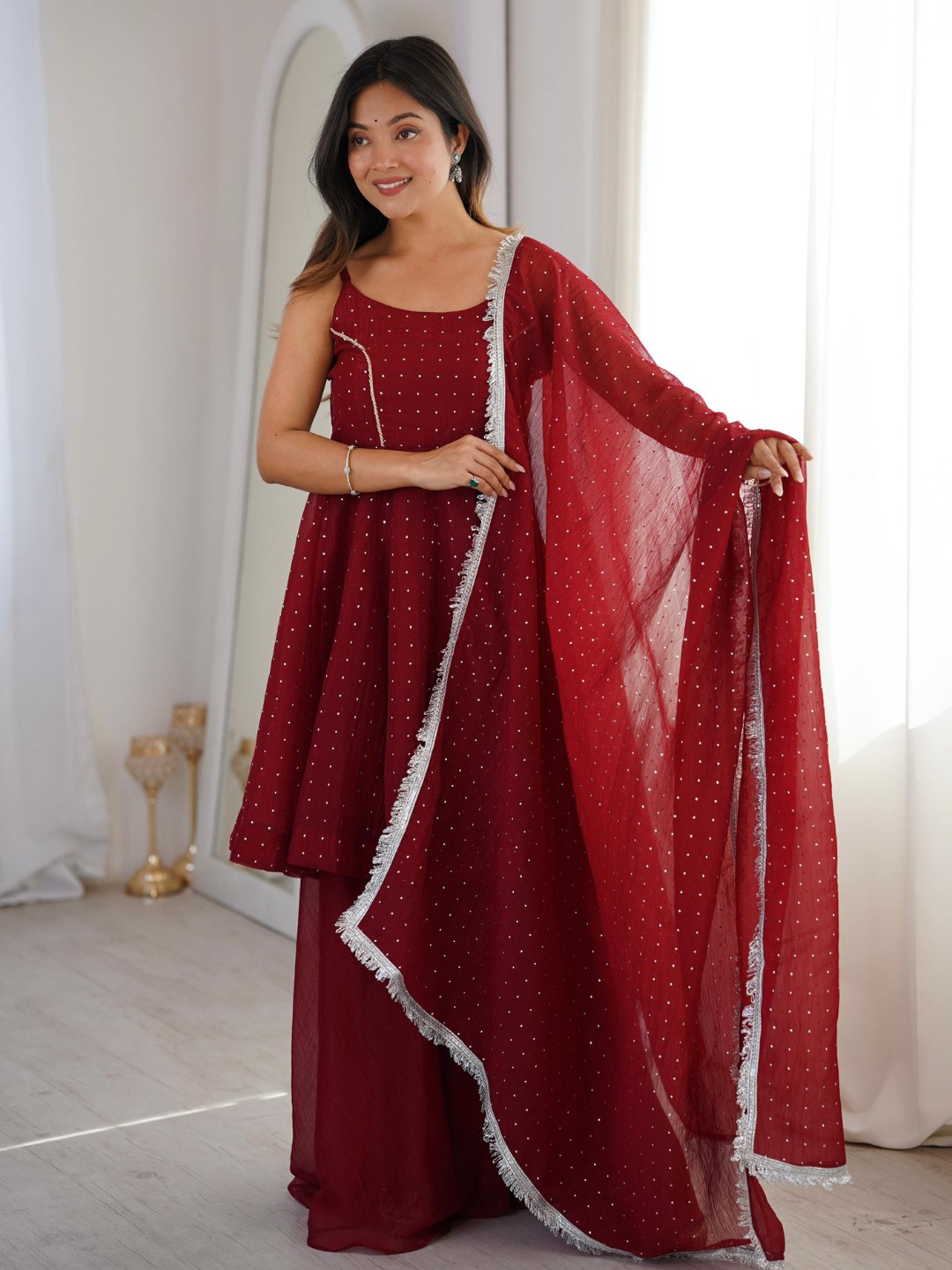 Crimson Elegance Crunchy Silk Sharara Set