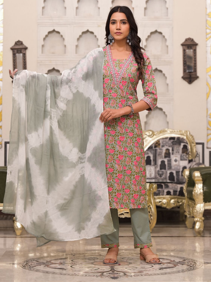 Mint Green Floral And Paisley Print Dupatta Set