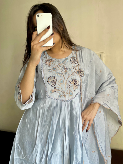 Powder Blue Mul Cotton Dupatta Set