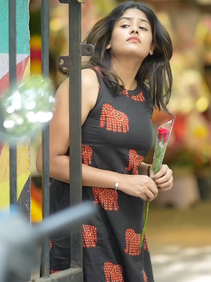 Black A-Line Co-Ord Set with Elephant Print