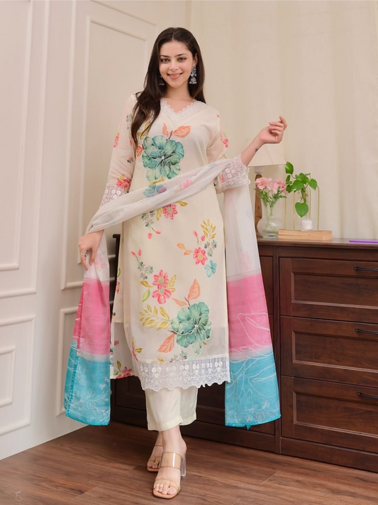 Bloom in Elegance: Off-White Organza Dupatta Set