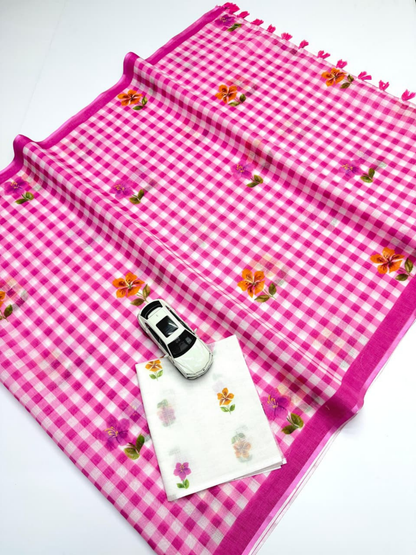 Digital Print Checkered Soft Linen Saree