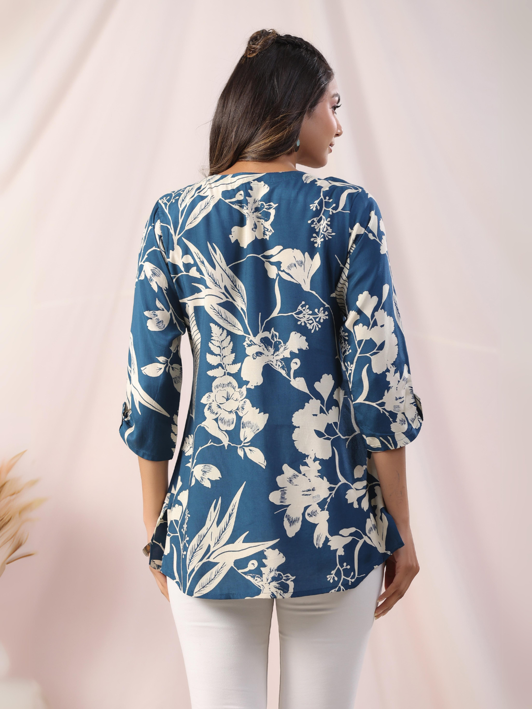 Dark Blue Floral Print Muslin Tunic