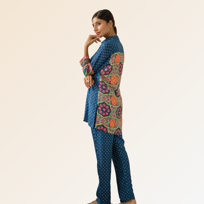 Blue Bandhani Print Muslin Co-Ord Set