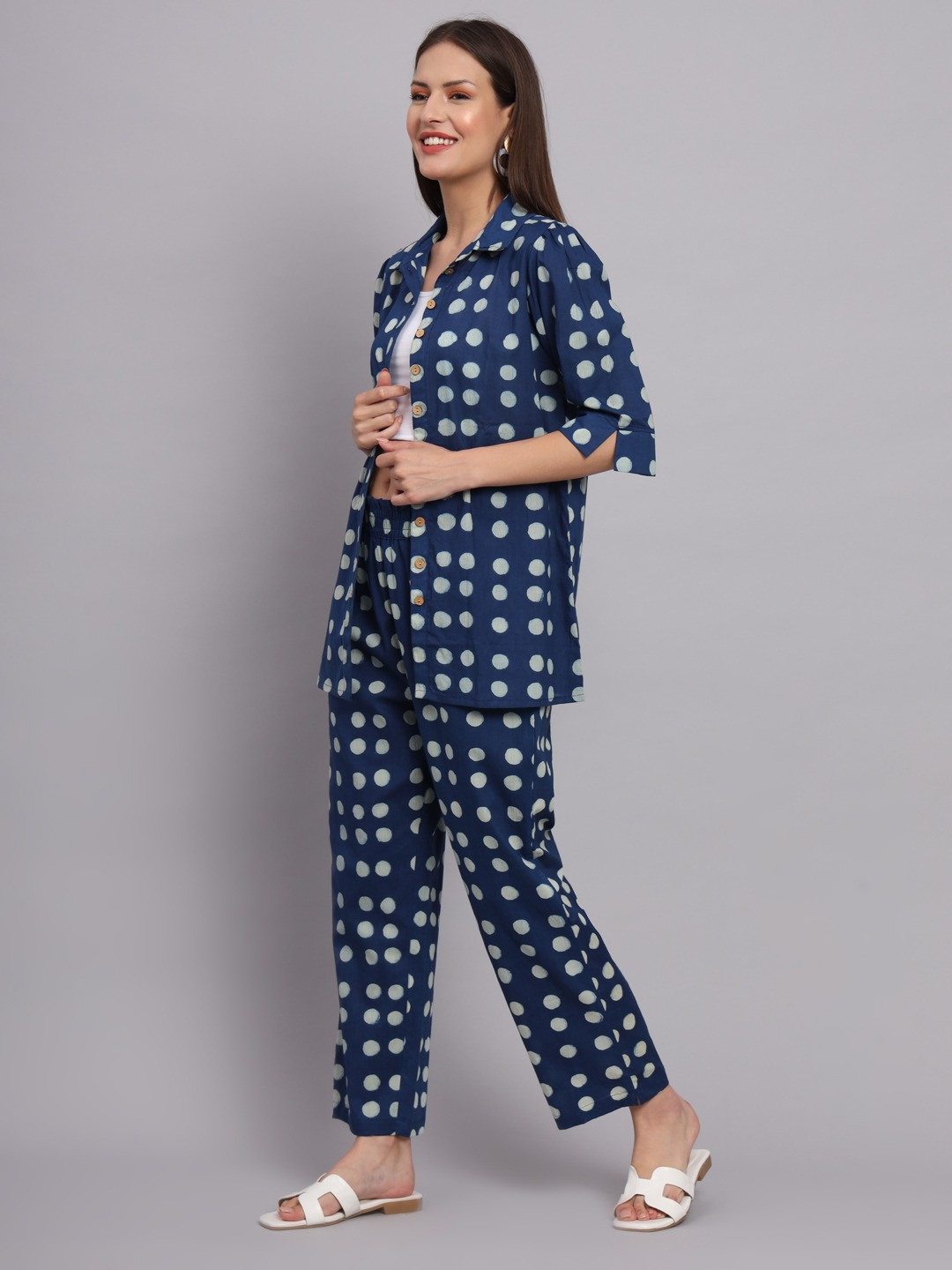 Navy Blue Polka Dot Cotton Co-ord Set