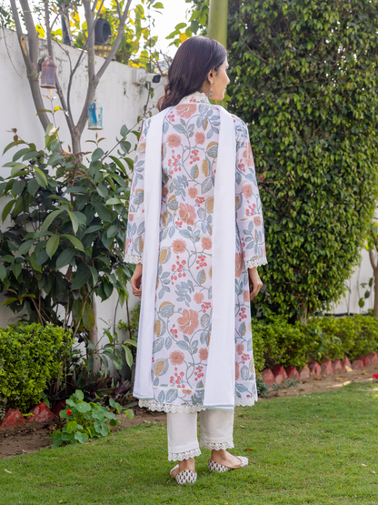 White Dupatta Set With Vibrant Floral Motifs