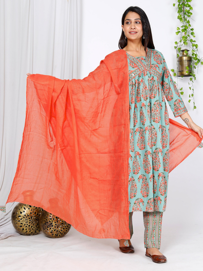 Light Blue Alia Cut Paisley Print Dupatta Set