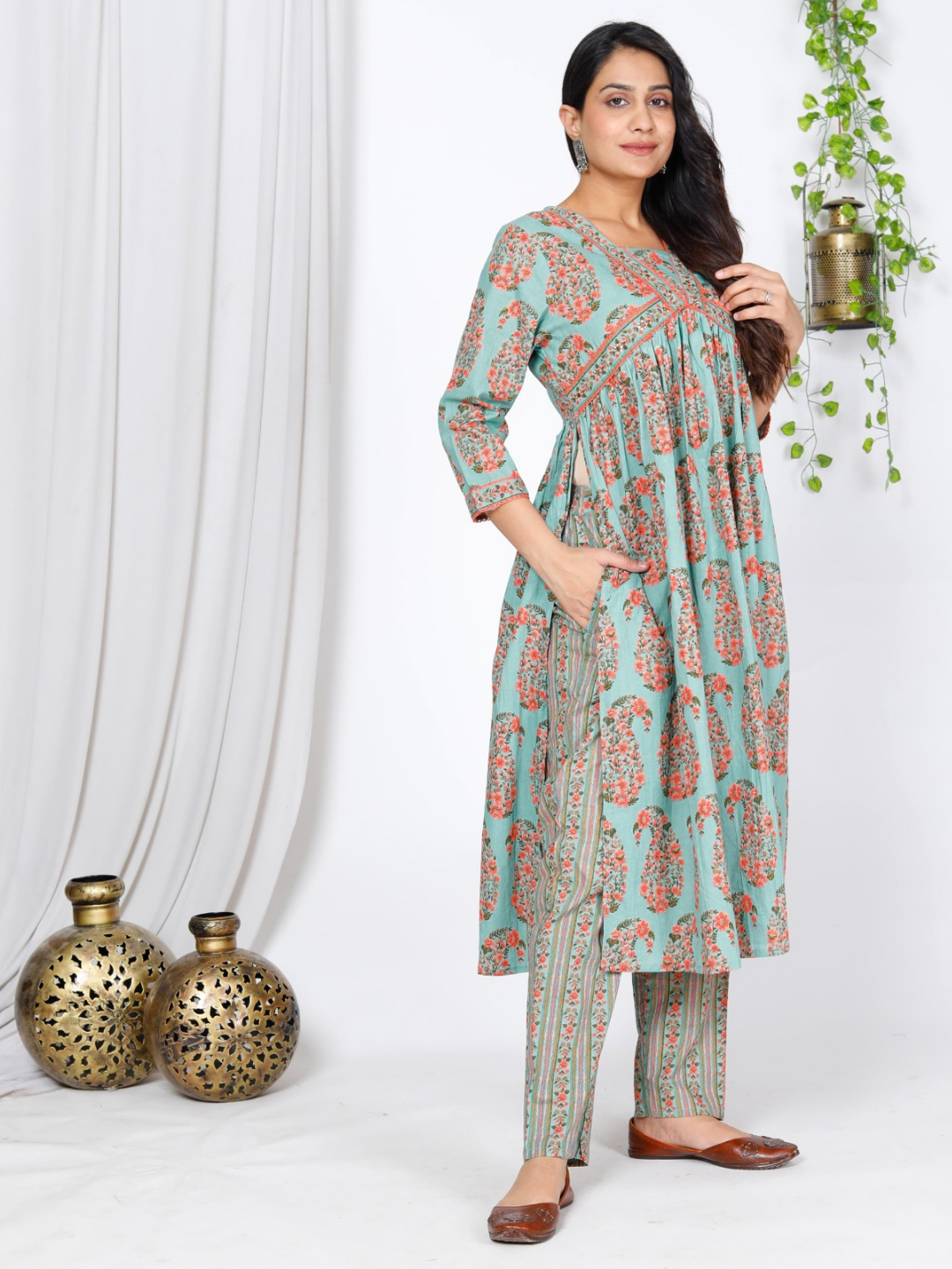 Light Blue Alia Cut Paisley Print Dupatta Set