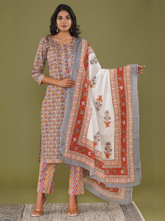 Grey Floral Print Dupatta Set