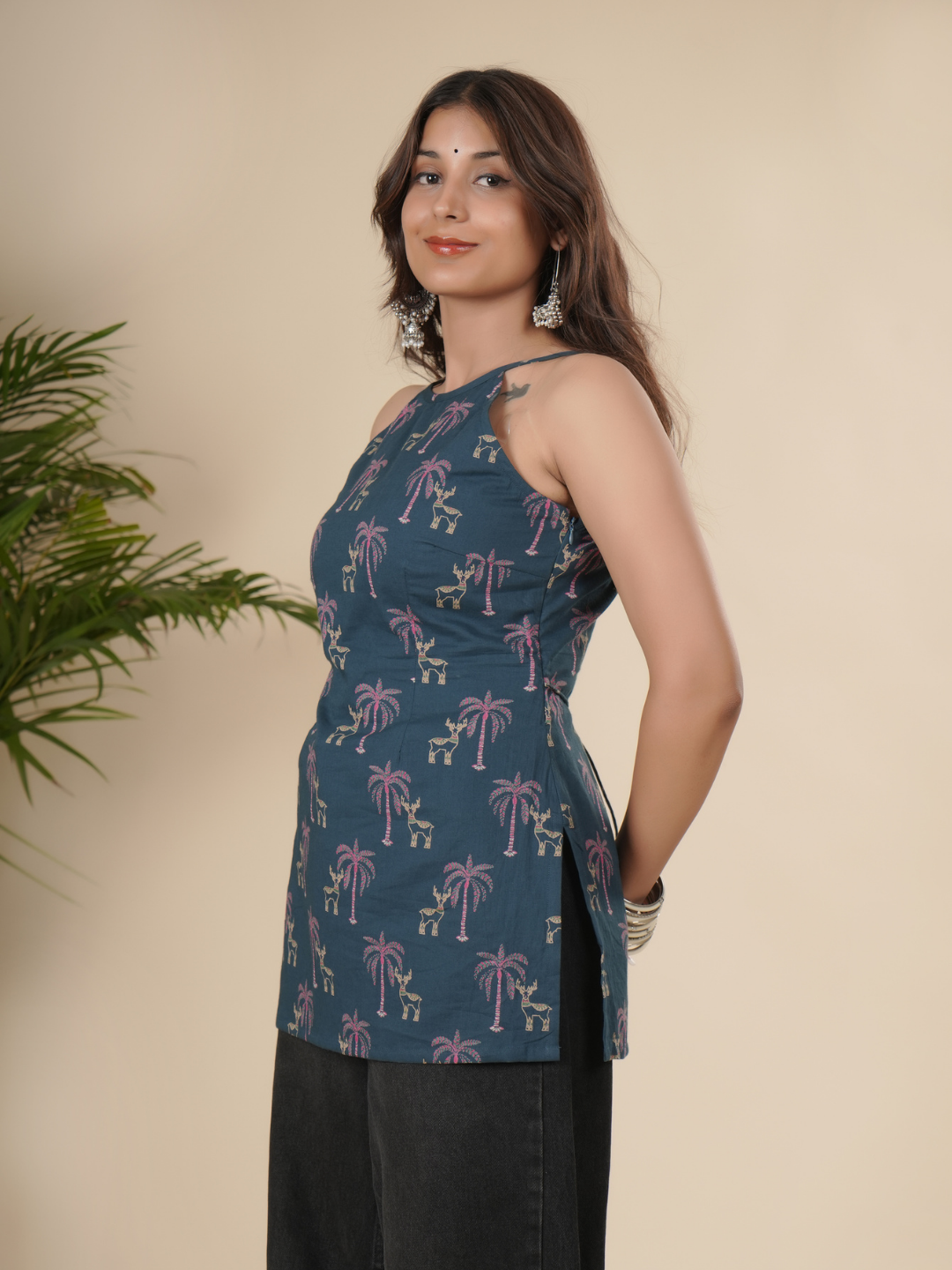 Navy Blue Palm Print Short Kurti