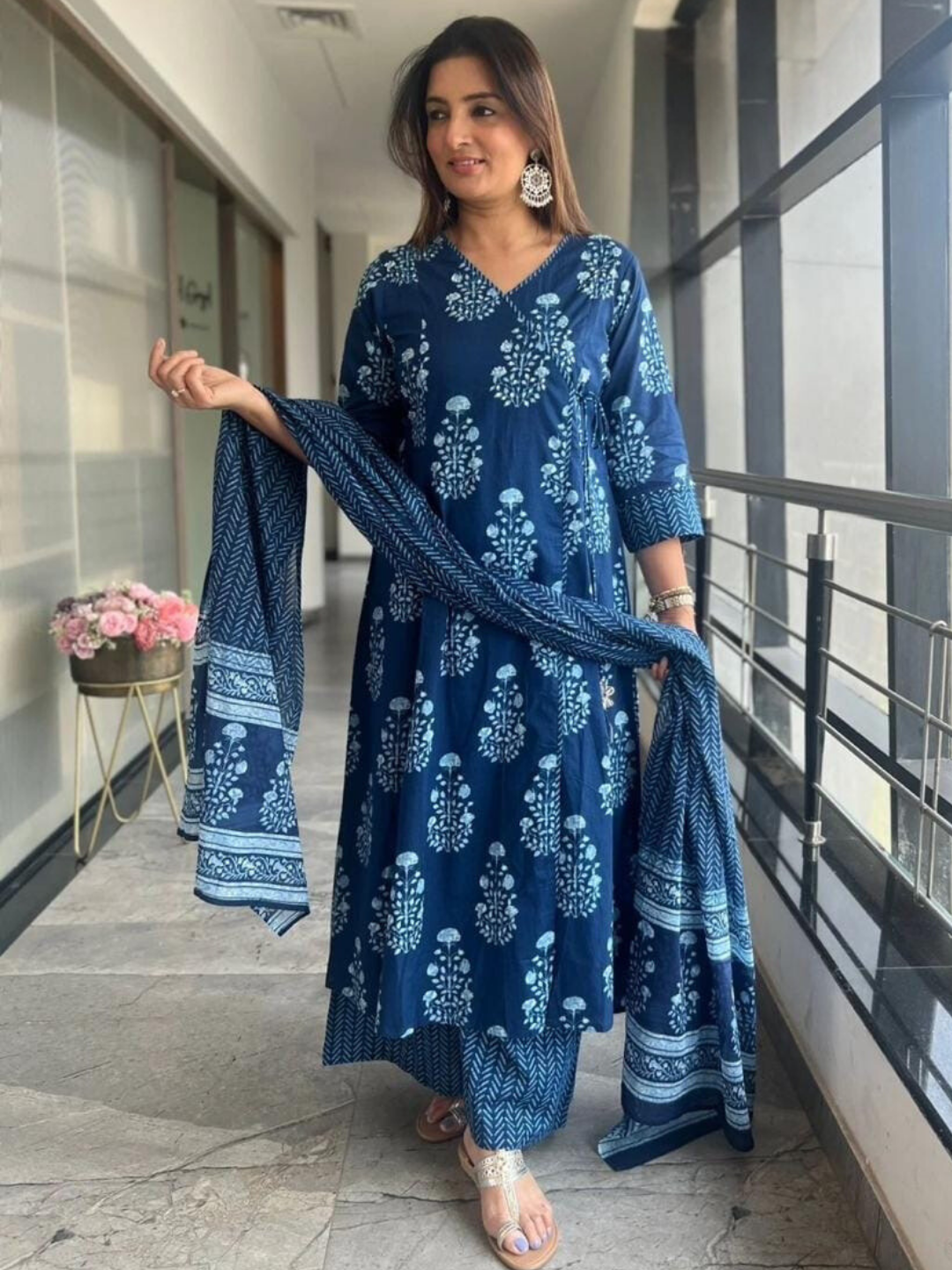 Indigo Angrakha Cotton Dupatta Set