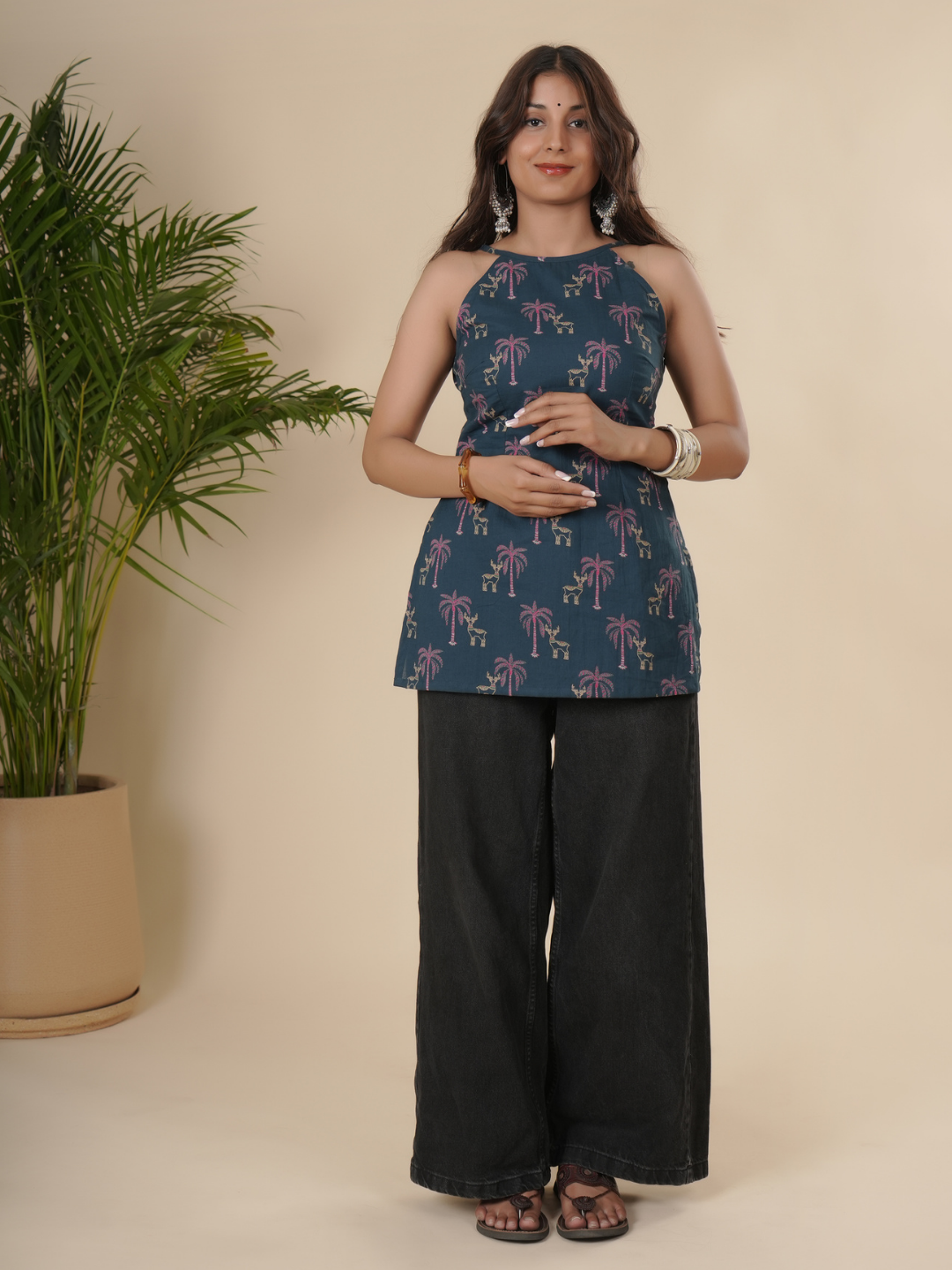 Navy Blue Palm Print Short Kurti