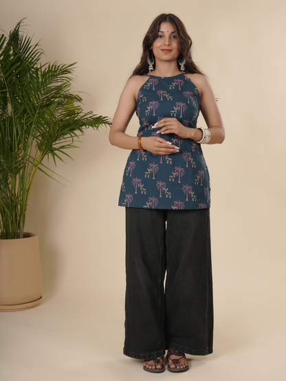Navy Blue Palm Print Short Kurti
