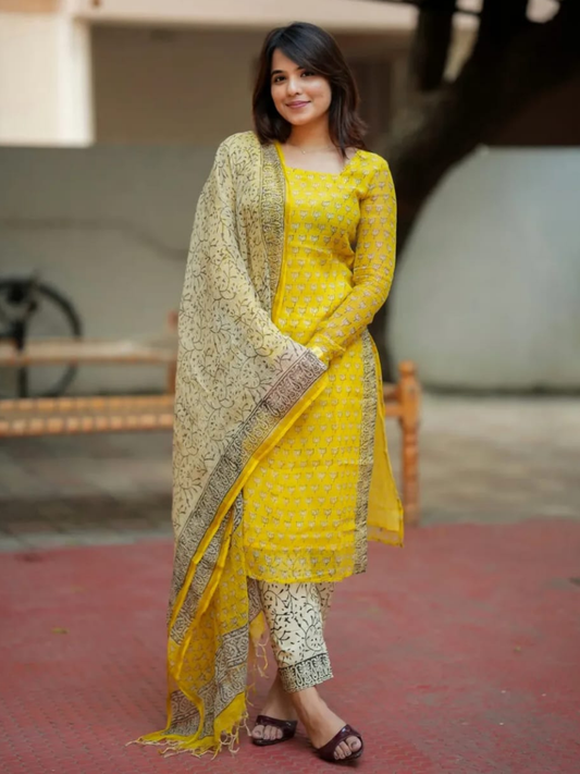 Premium Yellow Kota Doriya Dupatta Set
