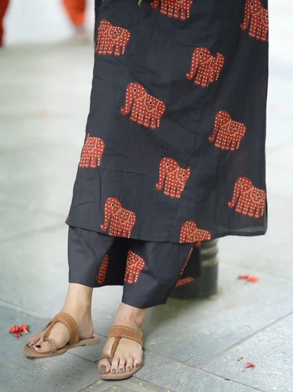 Black A-Line Co-Ord Set with Elephant Print