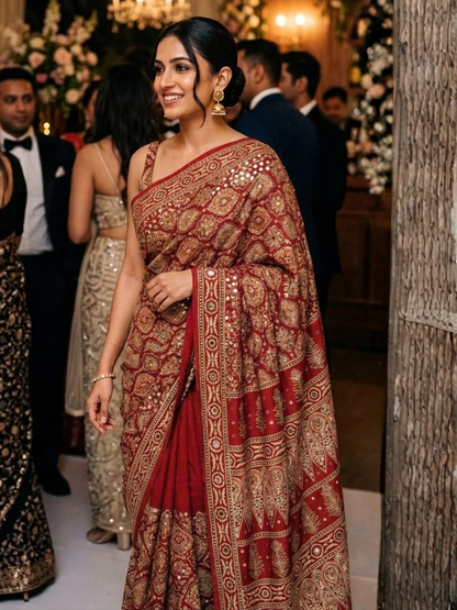 Mirror Glow Gajji Satin Ajrakh Saree