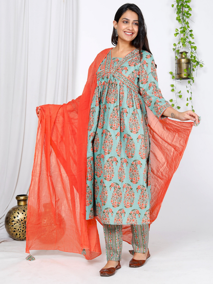 Light Blue Alia Cut Paisley Print Dupatta Set