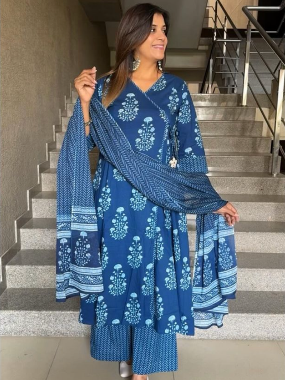 Indigo Angrakha Cotton Dupatta Set