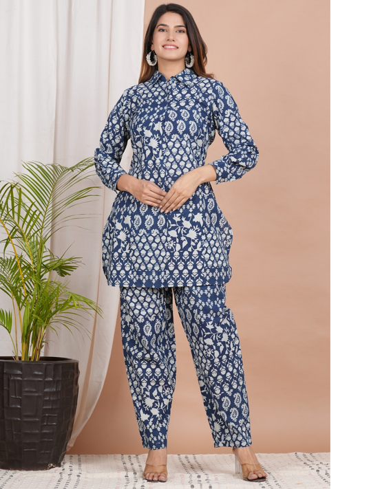 Indigo Cotton Co-ord Set with Intricate Print