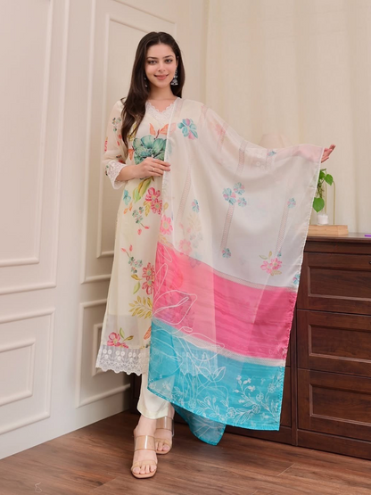 Bloom in Elegance: Off-White Organza Dupatta Set