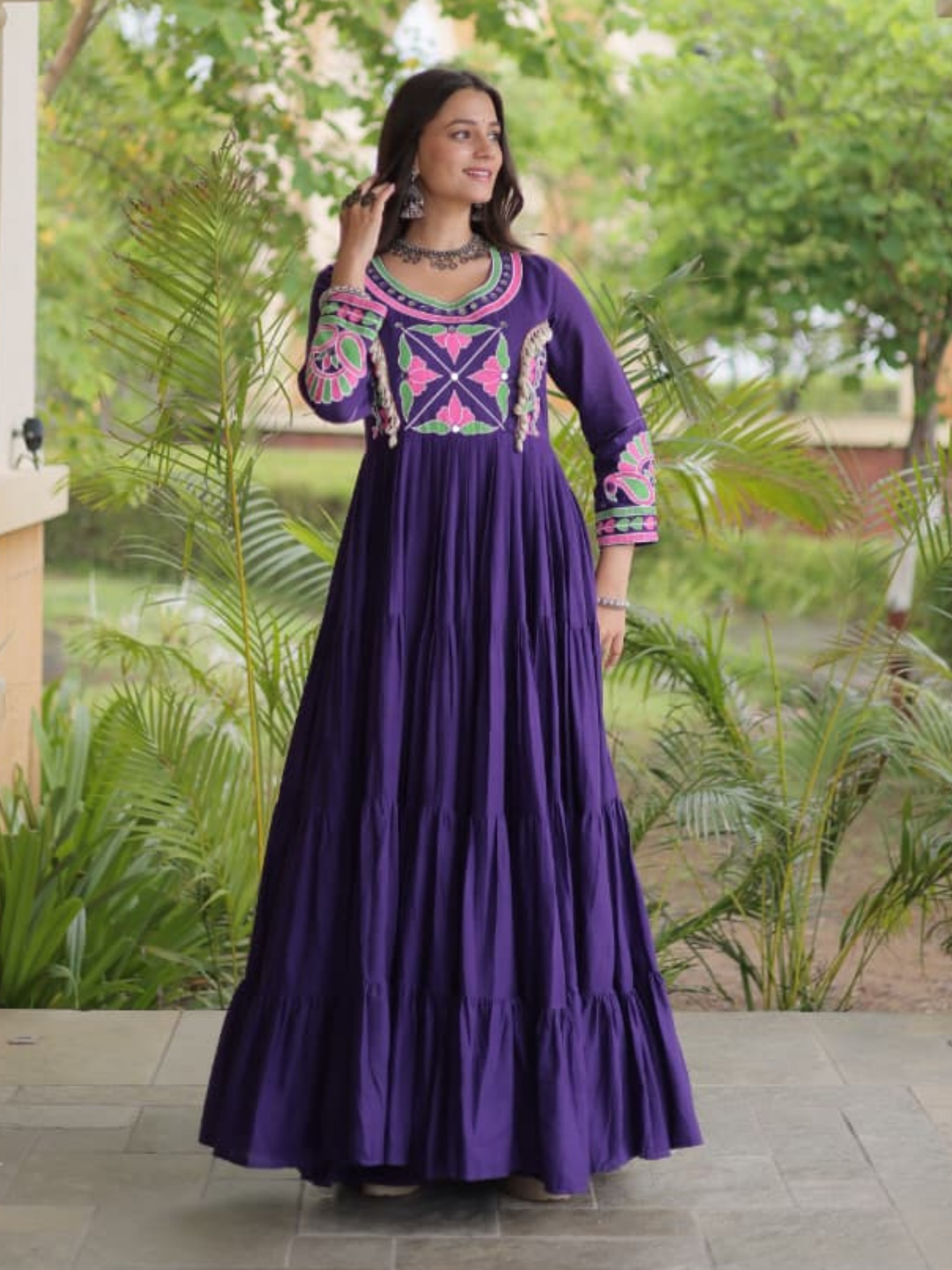 Festive Kora Cotton Layered Navratri Gown