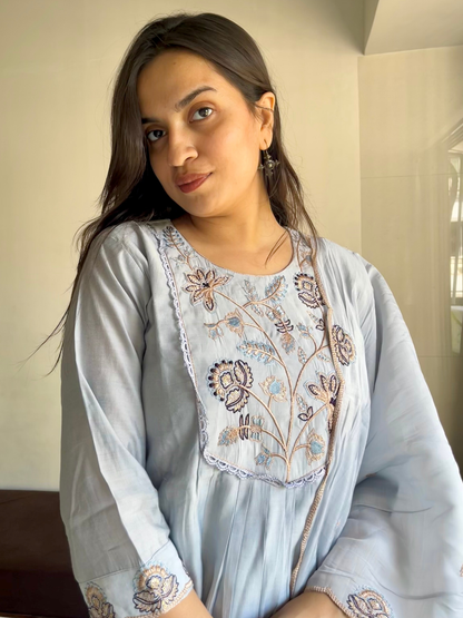 Powder Blue Mul Cotton Dupatta Set
