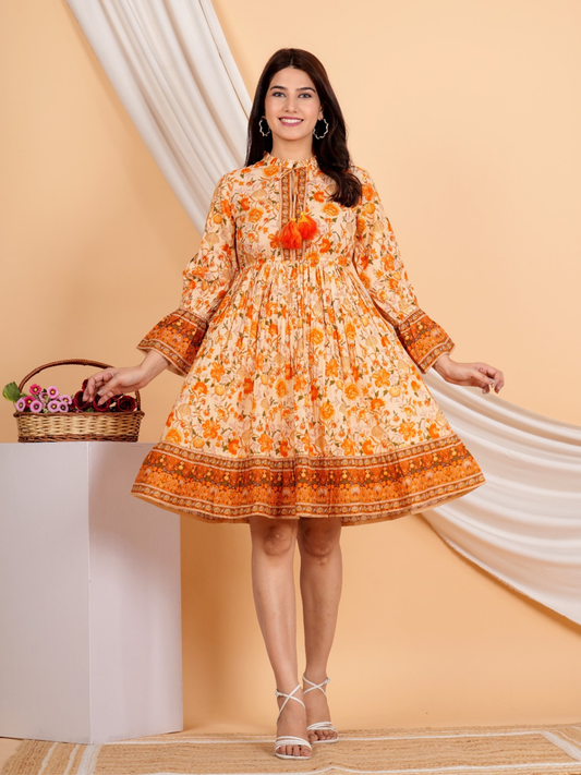 Orange  Flowy Floral Cotton Dress