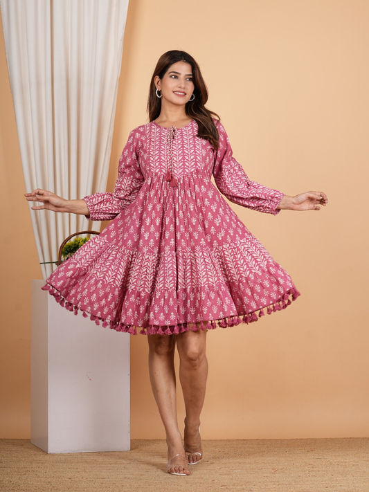 Playful Onion Pink Block Print Cotton Dress