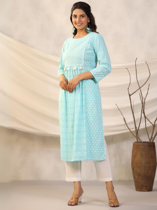 Sky Blue Nayra Cut Kurti With Pockets