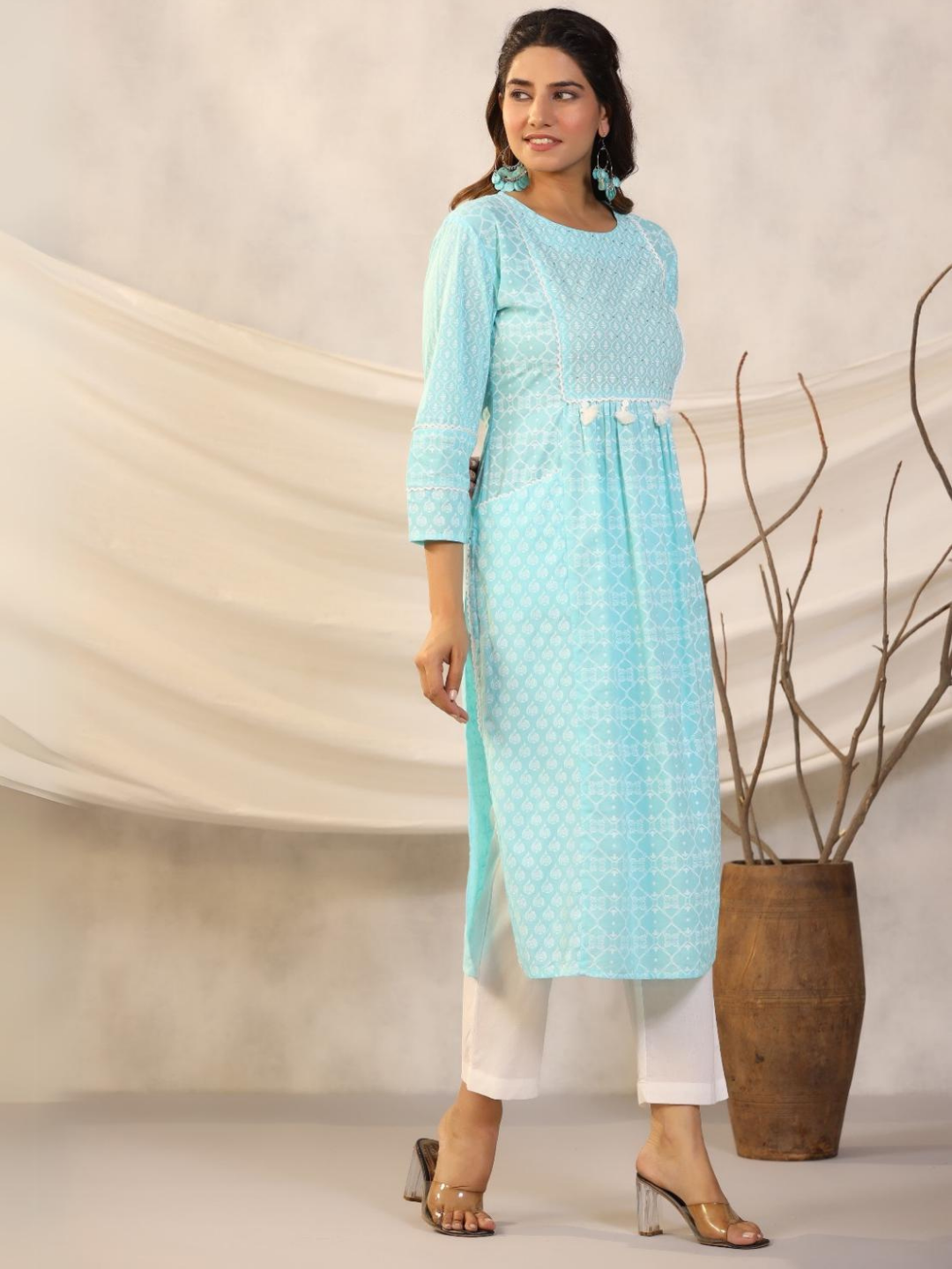 Sky Blue Nayra Cut Kurti With Pockets