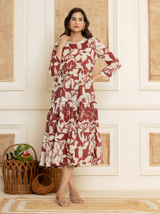 Graceful Maroon Tiered Cotton Dress