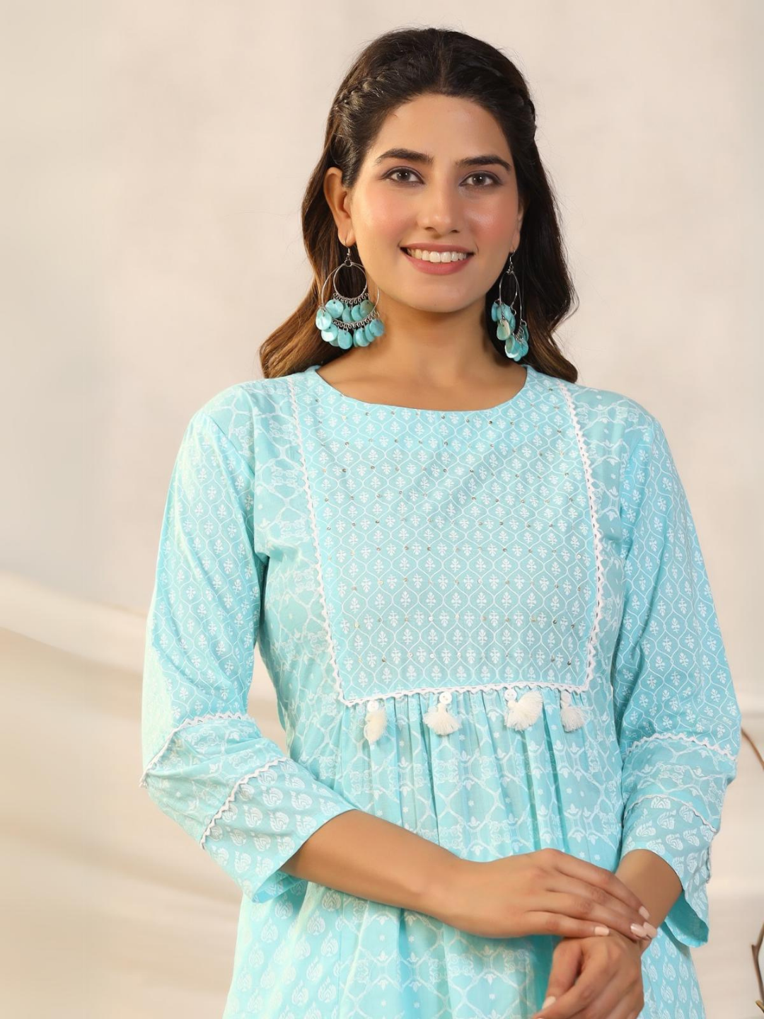 Sky Blue Nayra Cut Kurti With Pockets